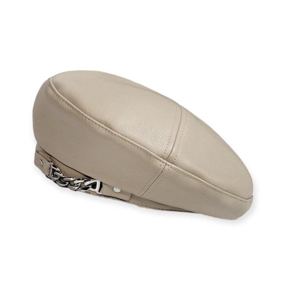 Sand Tan Leather Silver Chunky Chain Beret NEW - Picture 1 of 3